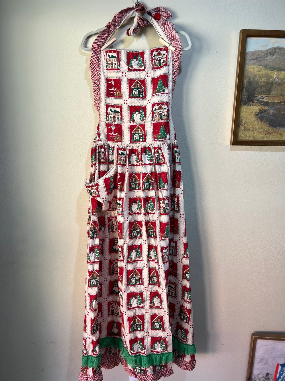 Holiday Red and Green Mrs. Claus Apron With Adjustable Waist.